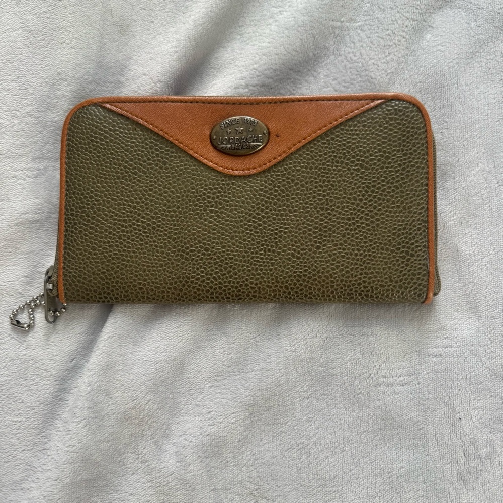 Vintage Jordache Zip Around Continental Wallet Olive Green Brown Pebbled Y2K 90s